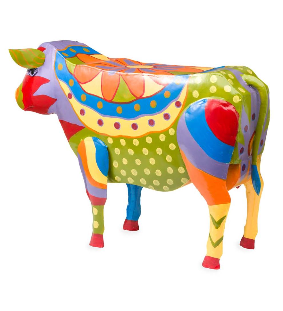 Plow &amp; Hearth Accent Tables | Indoor Living Handmade Colorful Painted Folk Art Cow Metal Side Table