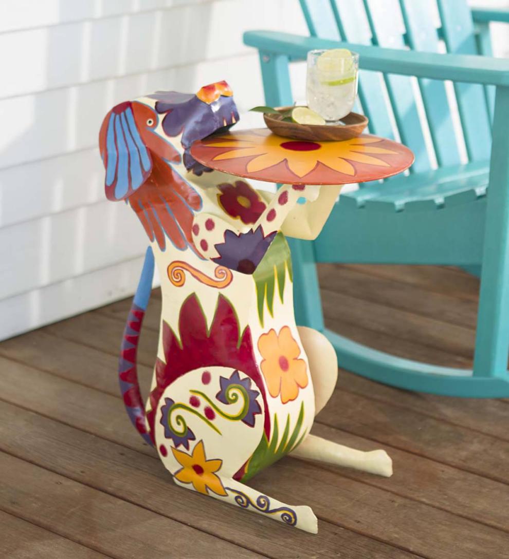 Plow &amp; Hearth Accent Tables | Indoor Living Handmade Colorful Painted Folk Art Metal Dog Side Table