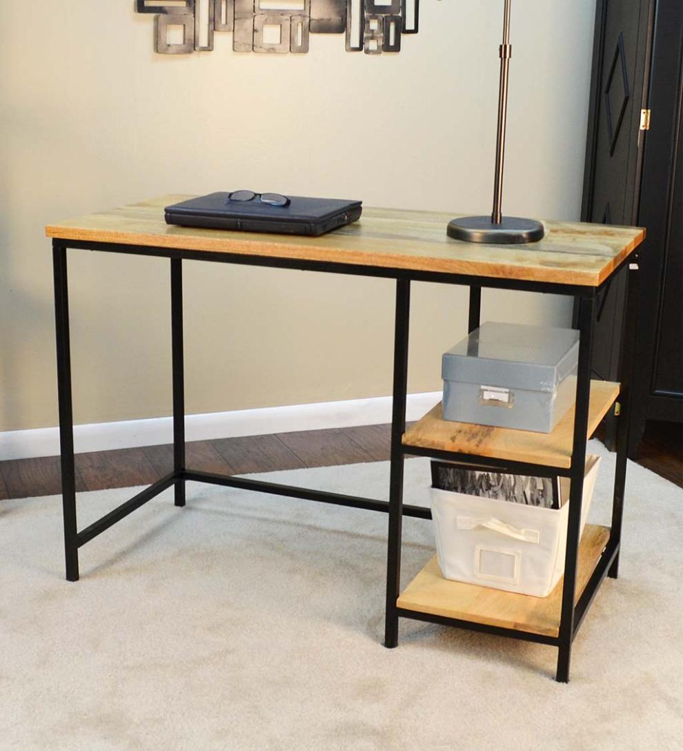 Plow &amp; Hearth Accent Tables | Indoor Living Industrial-Style Wood And Metal Desk With Shelves - Chestnut