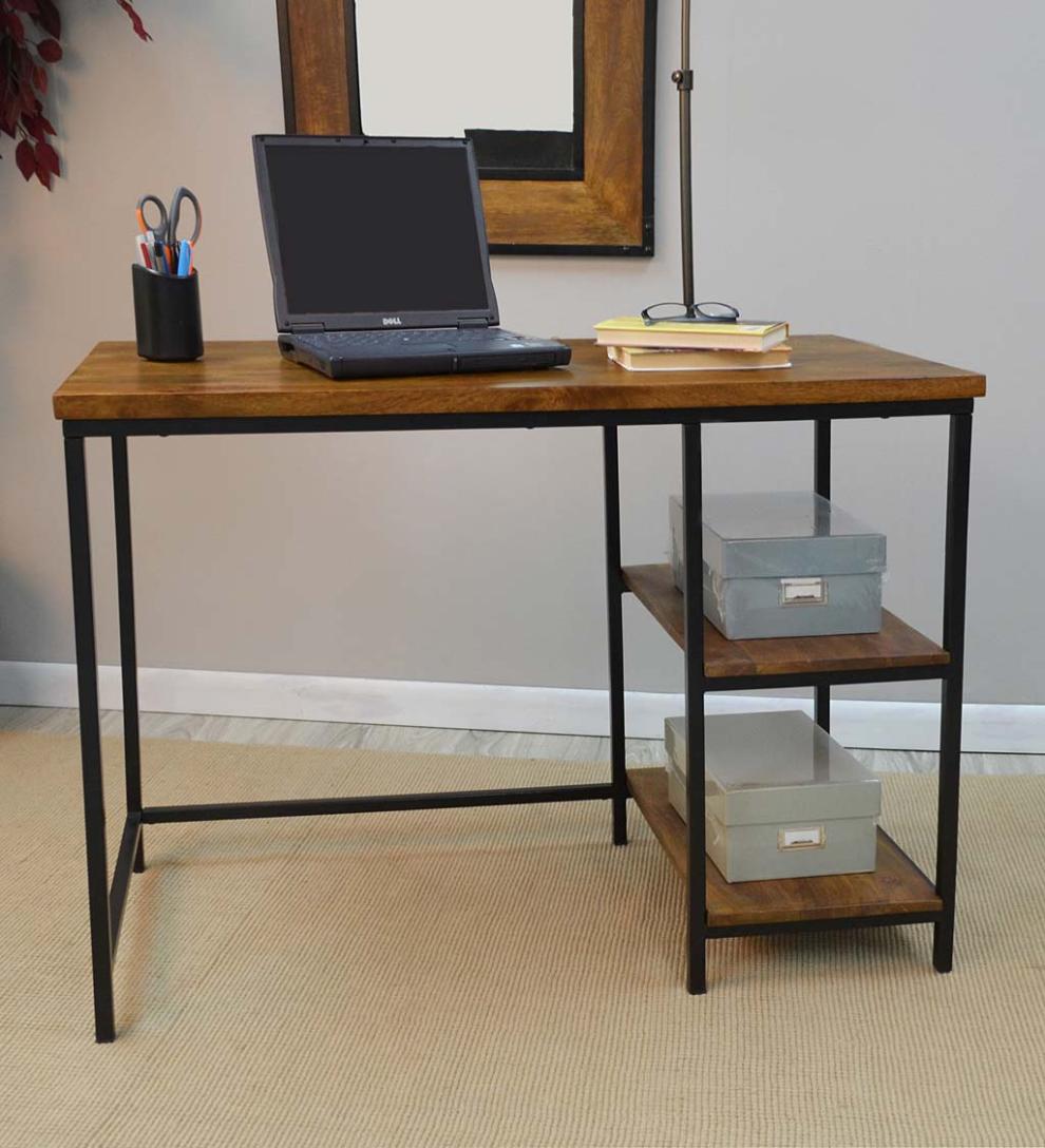 Plow &amp; Hearth Accent Tables | Indoor Living Industrial-Style Wood And Metal Desk With Shelves - Chestnut