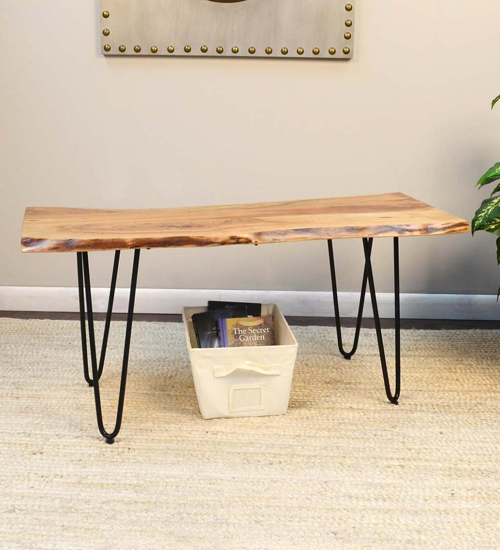 Plow &amp; Hearth Accent Tables | Indoor Living Live Edge Acacia Wood Bench/Table With Hairpin Legs - Black
