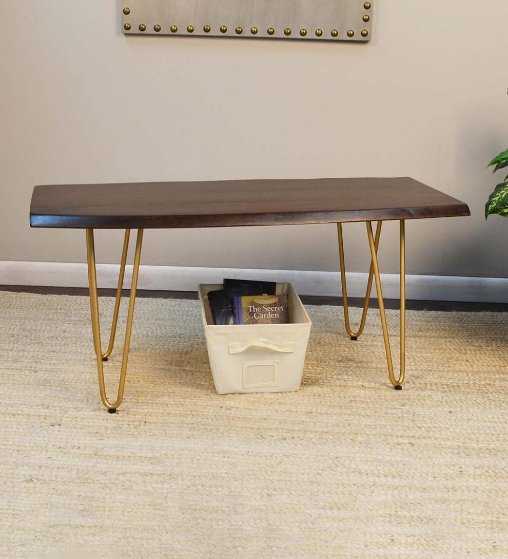 Plow &amp; Hearth Accent Tables | Indoor Living Live Edge Acacia Wood Bench/Table With Hairpin Legs - Black