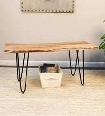 Plow &amp; Hearth Accent Tables | Indoor Living Live Edge Acacia Wood Bench/Table With Hairpin Legs - Black