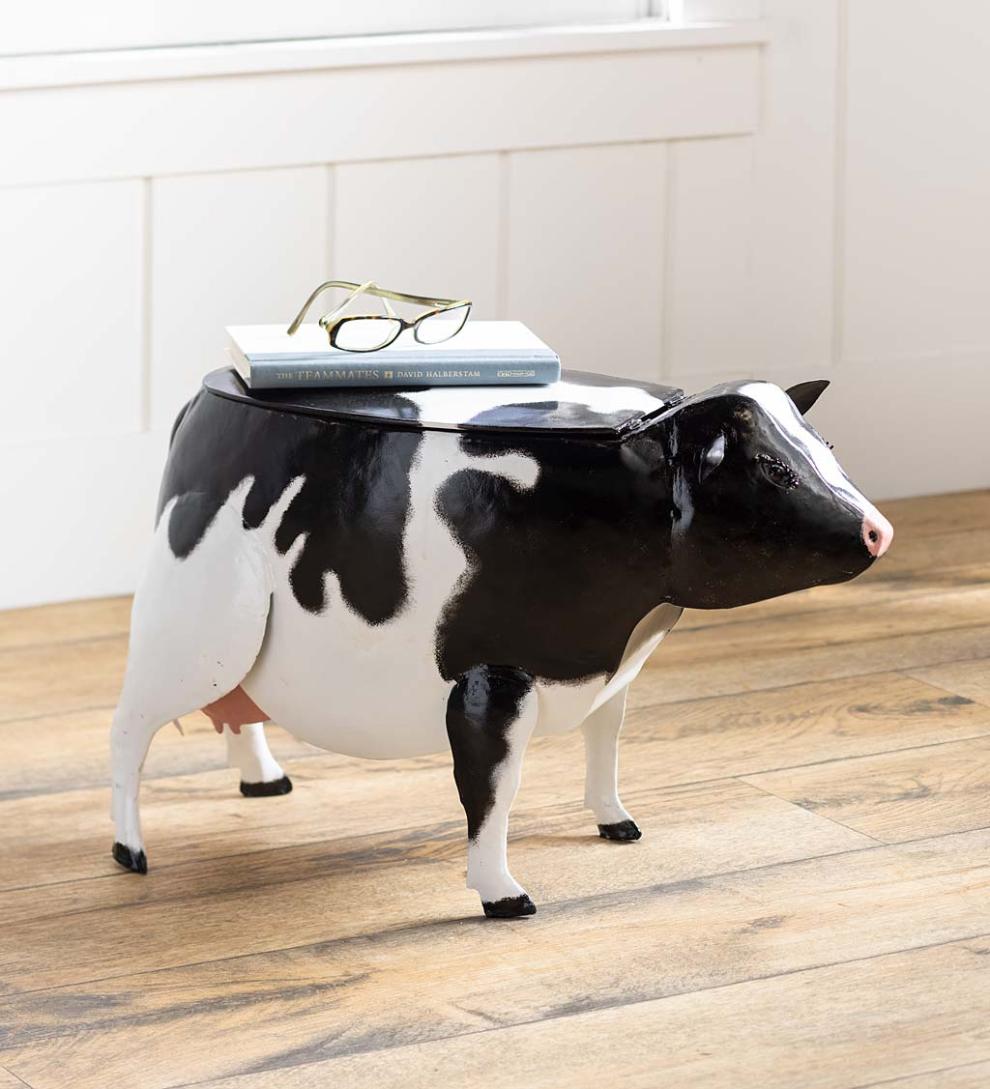 Plow &amp; Hearth Accent Tables | Indoor Living Metal Cow Accent Table With Storage Compartment