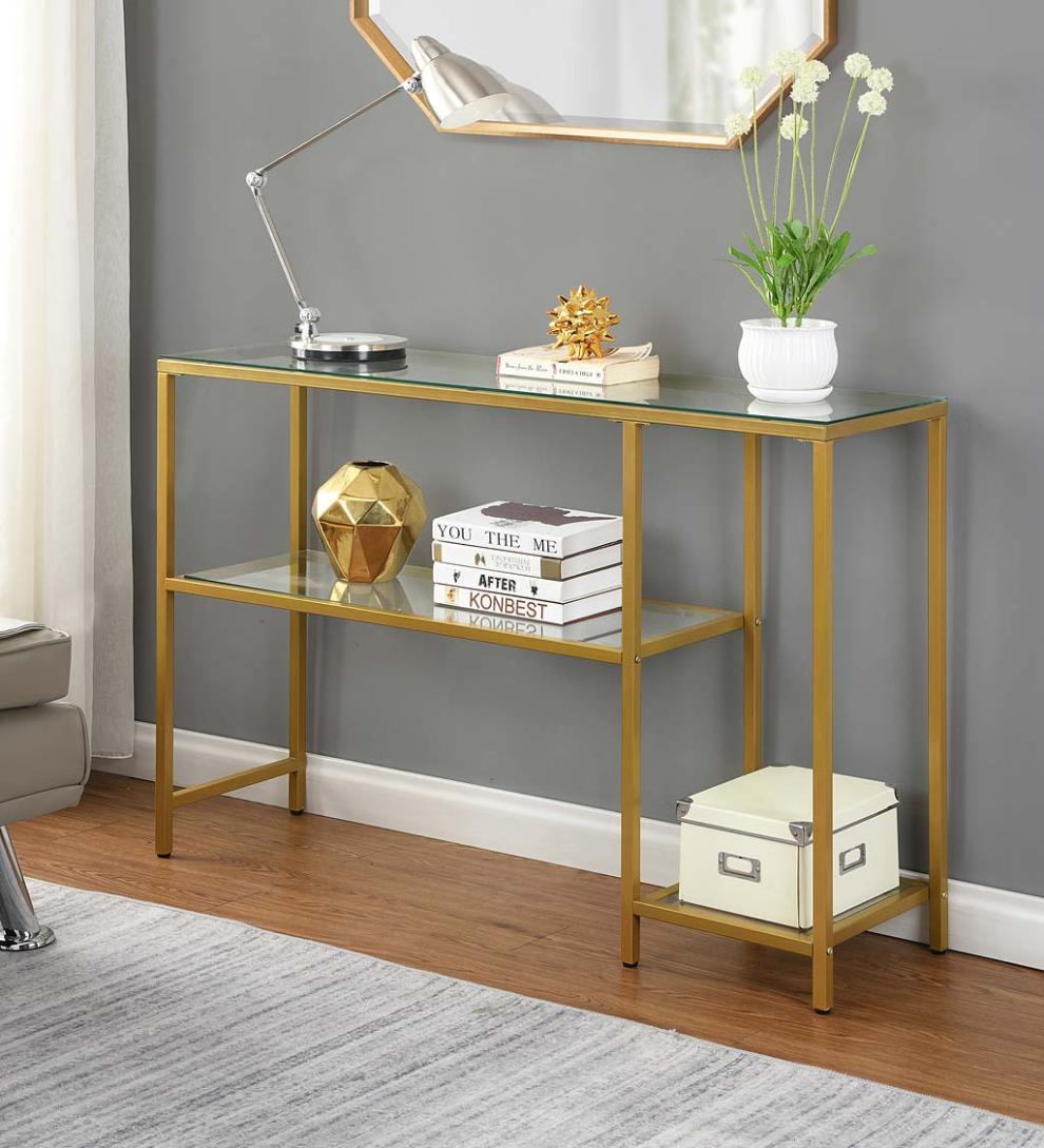 Plow &amp; Hearth Accent Tables | Indoor Living Multi-Functional Tempered Glass Console Table With Shelves - Gold