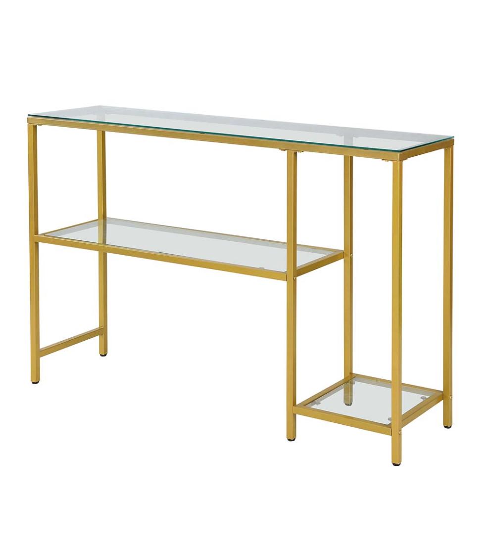 Plow &amp; Hearth Accent Tables | Indoor Living Multi-Functional Tempered Glass Console Table With Shelves - Gold