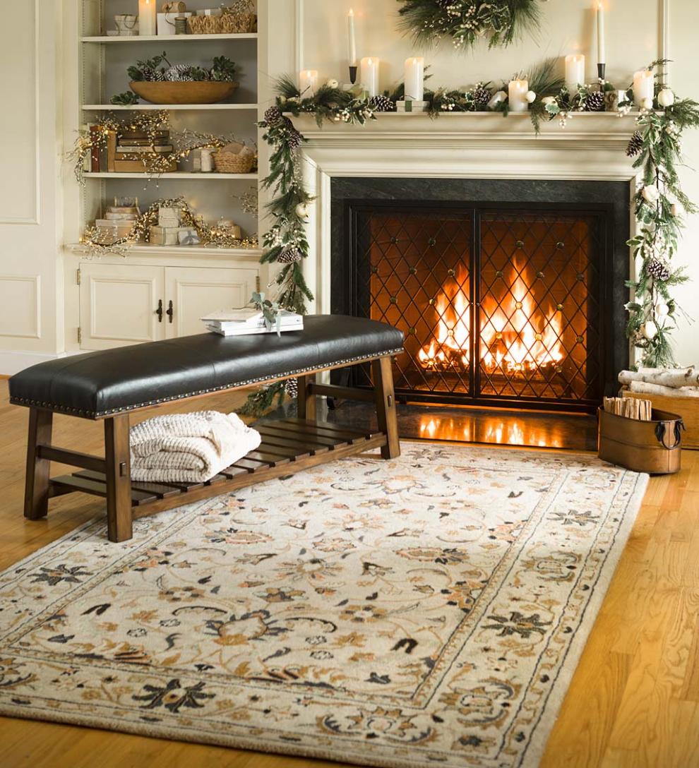 Plow &amp; Hearth Bedroom Furniture | Indoor Living Canyon Black Leather And Wood Bench With Slatted Bottom Shelf - Black