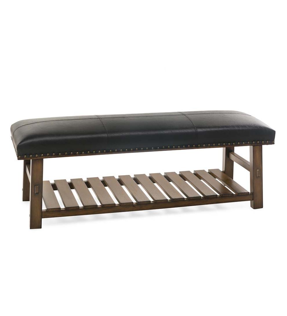 Plow &amp; Hearth Bedroom Furniture | Indoor Living Canyon Black Leather And Wood Bench With Slatted Bottom Shelf - Black