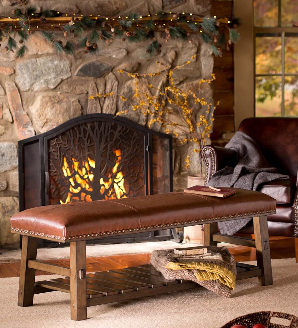 Plow &amp; Hearth Bedroom Furniture | Indoor Living Canyon Brown Leather And Wood Bench With Slatted Bottom Shelf