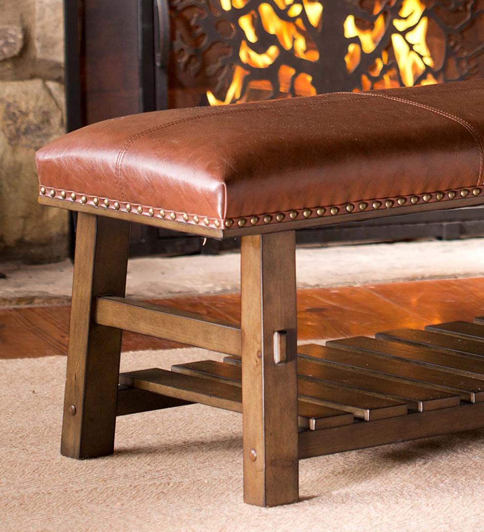 Plow &amp; Hearth Bedroom Furniture | Indoor Living Canyon Brown Leather And Wood Bench With Slatted Bottom Shelf