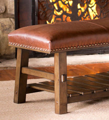 Plow &amp; Hearth Bedroom Furniture | Indoor Living Canyon Brown Leather And Wood Bench With Slatted Bottom Shelf