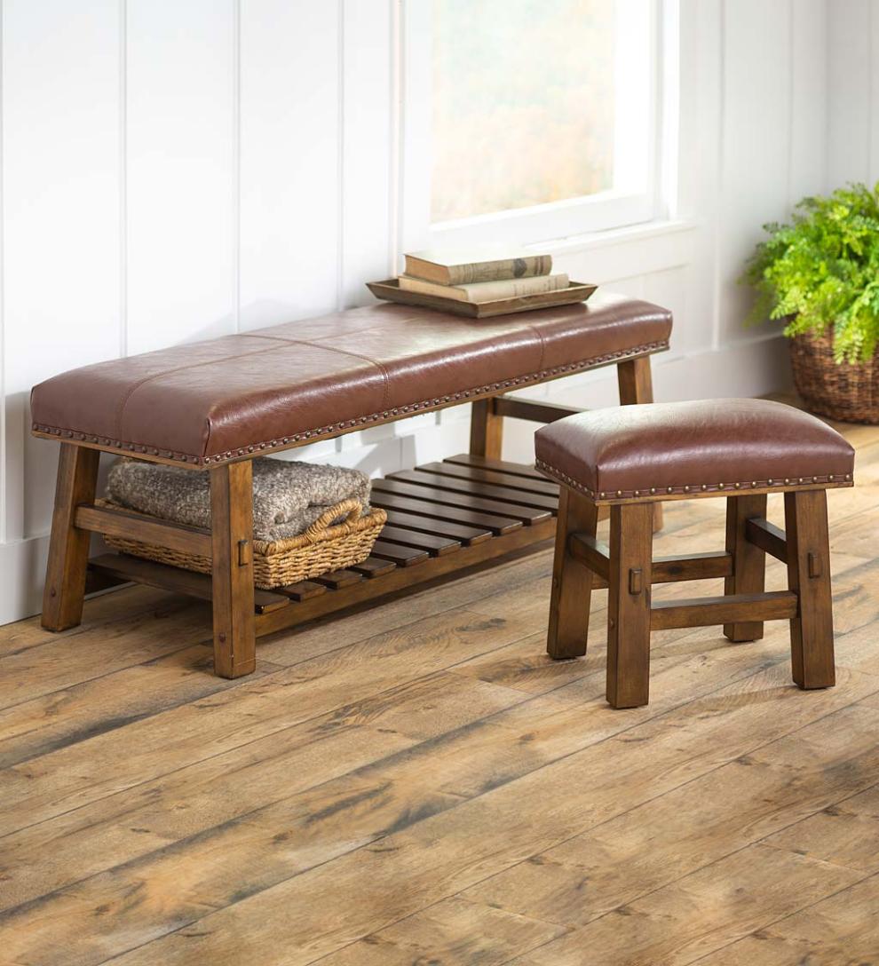 Plow &amp; Hearth Bedroom Furniture | Indoor Living Canyon Brown Leather Footstool