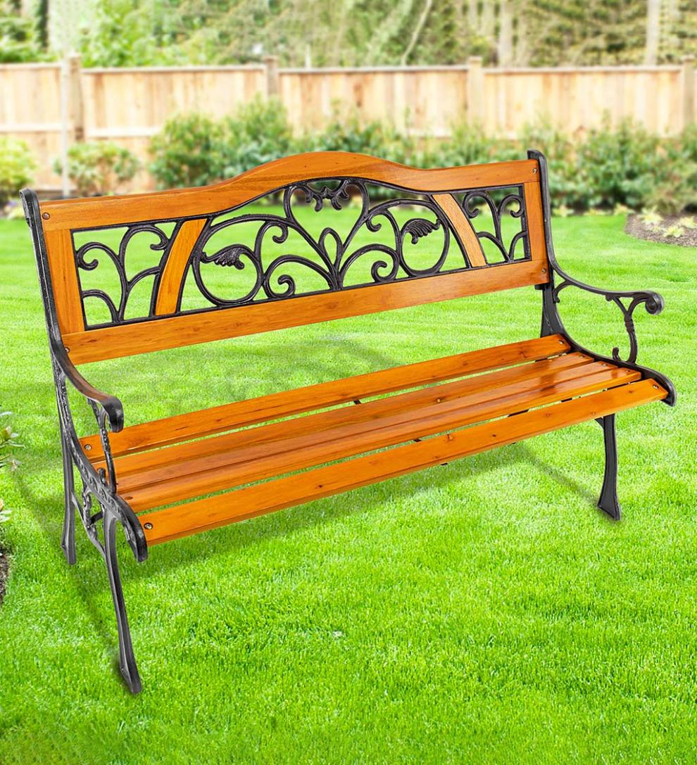 Plow &amp; Hearth Benches &amp; Chairs | Outdoor Living Metal And Wood With Vine Accent Garden Bench