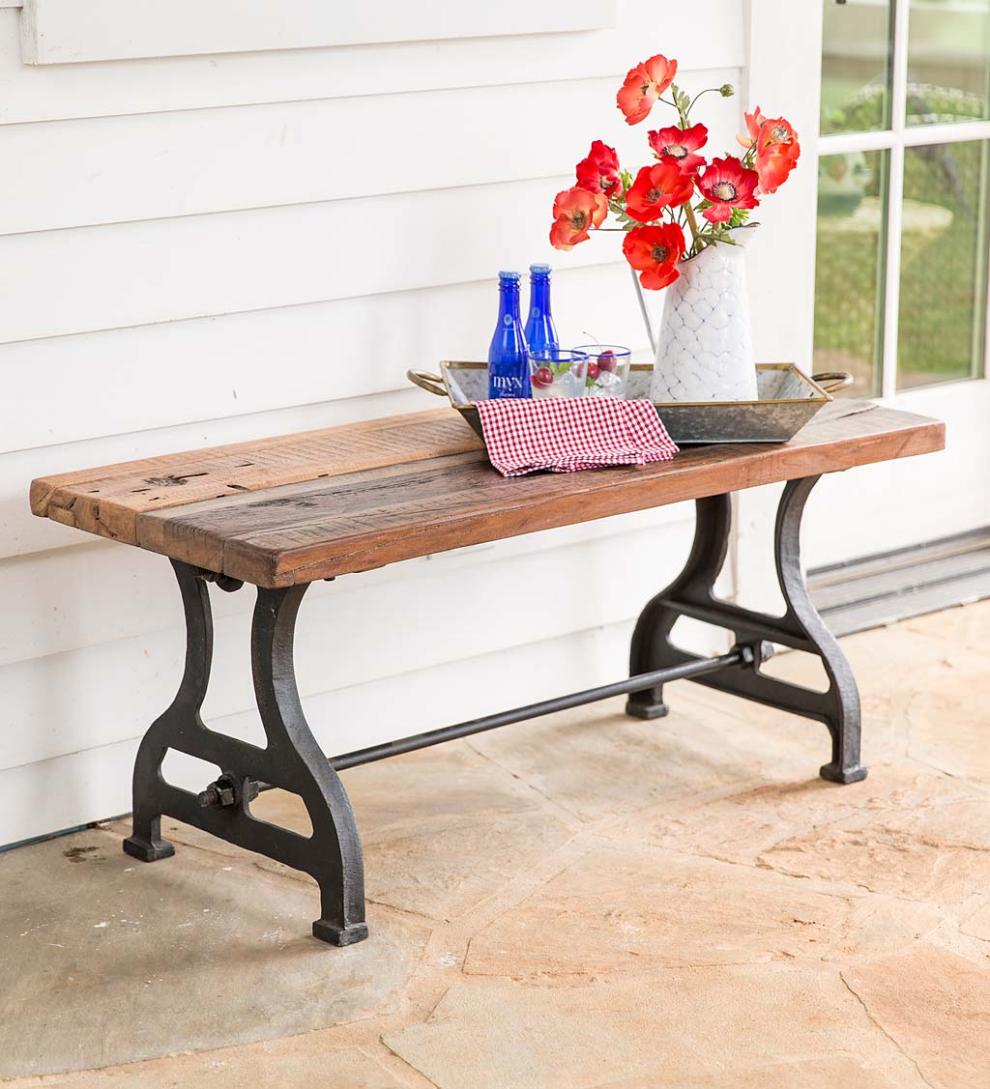 Plow &amp; Hearth Benches | Indoor Living Birmingham Indoor/Outdoor Reclaimed Wood Bench With Iron Base