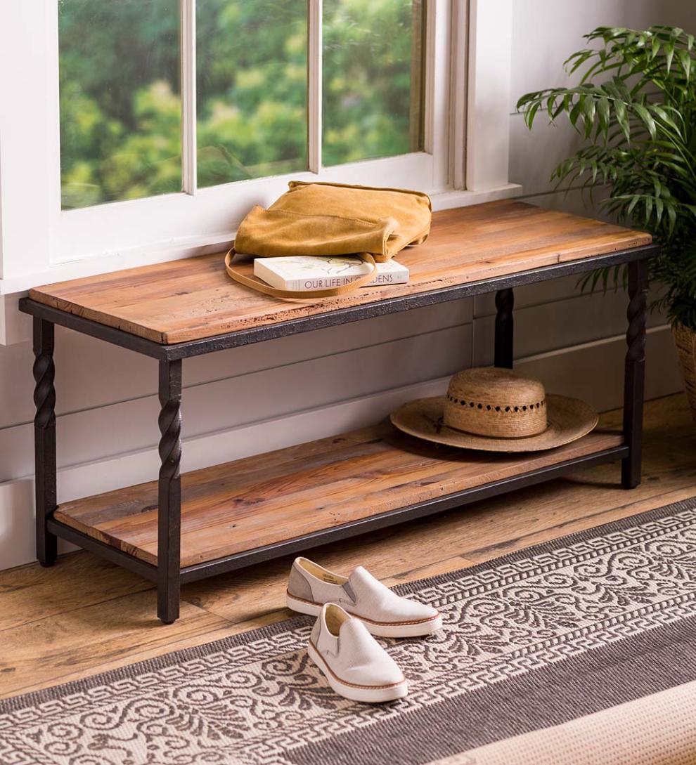 Plow &amp; Hearth Benches | Indoor Living Deep Creek Bench/Table With Metal Frame And Rustic Wood