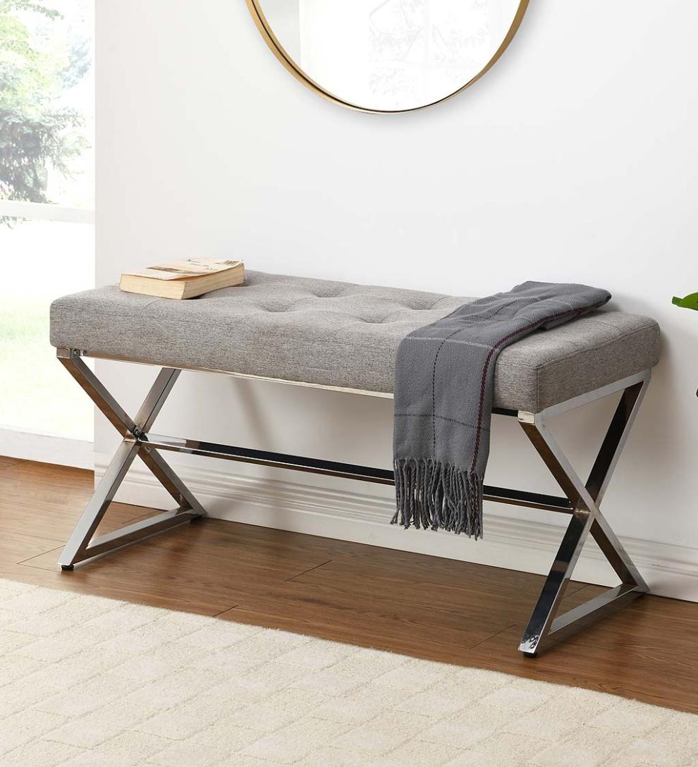 Plow &amp; Hearth Benches | Indoor Living Deluxe Upholstered Mid-Century-Style Bench - Gray/Chrome