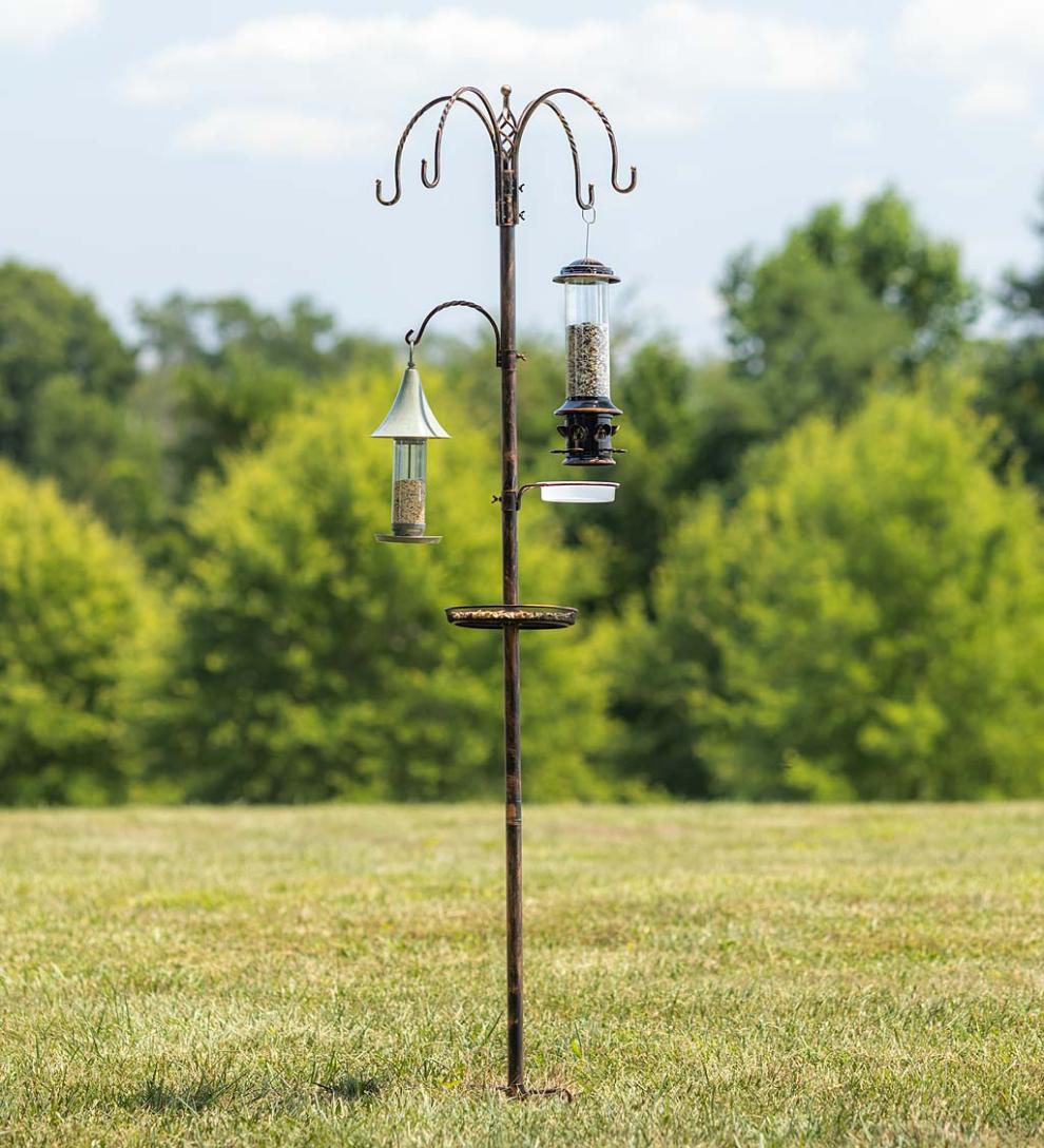 Plow &amp; Hearth Bird Feeders | Yard &amp; Garden Bird Feeding Station With Five Hooks And Two Platform Feeders - Black
