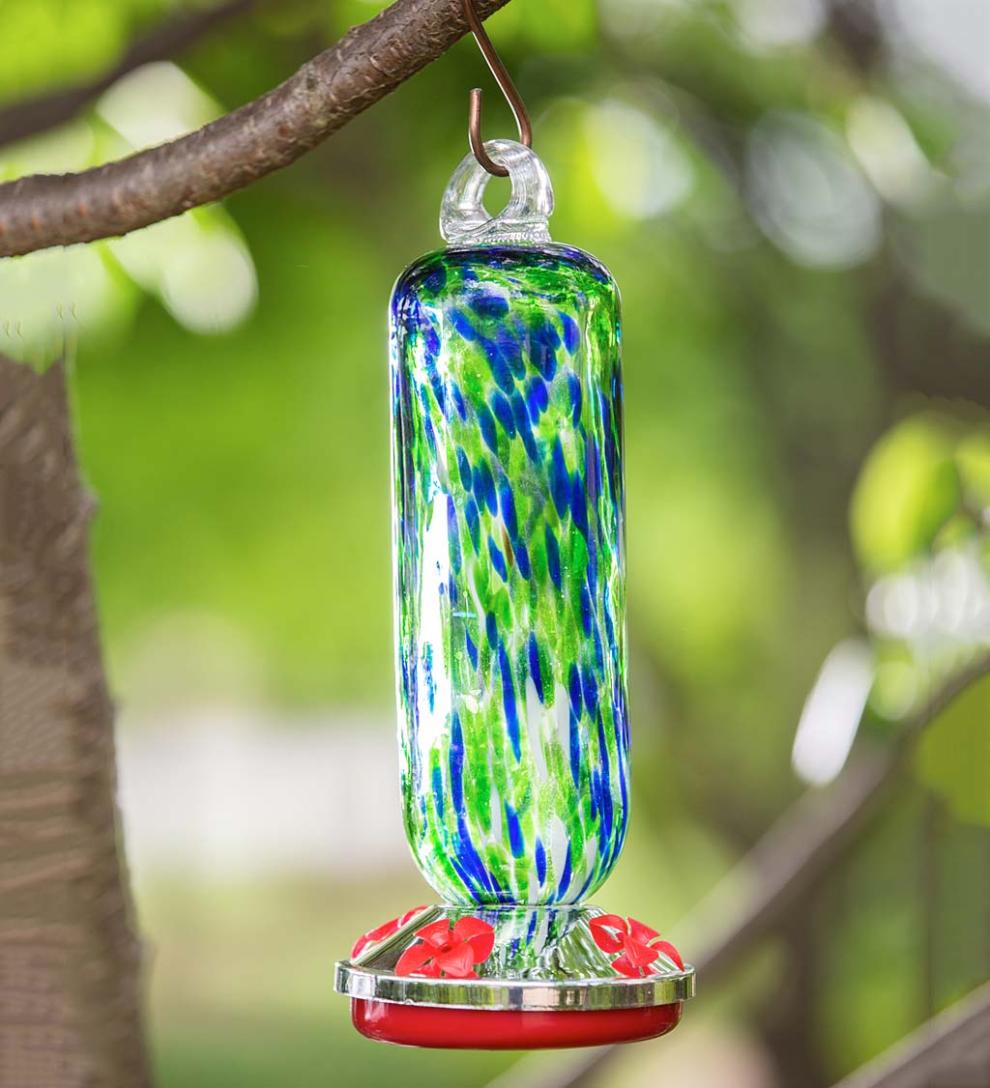 Plow &amp; Hearth Bird Feeders | Yard &amp; Garden Blue And Green Speckle Glass Hummingbird Feeder