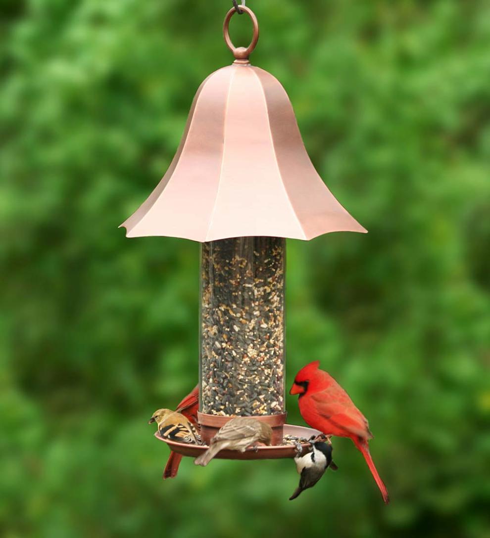 Plow &amp; Hearth Bird Feeders | Yard &amp; Garden Copper-Colored Metal Bell Bird Feeder With Clear Seed Tube
