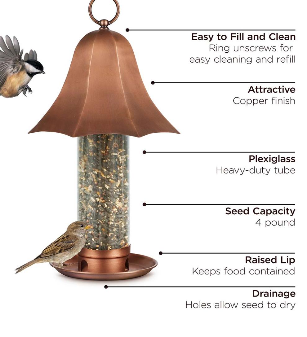 Plow &amp; Hearth Bird Feeders | Yard &amp; Garden Copper-Colored Metal Bell Bird Feeder With Clear Seed Tube