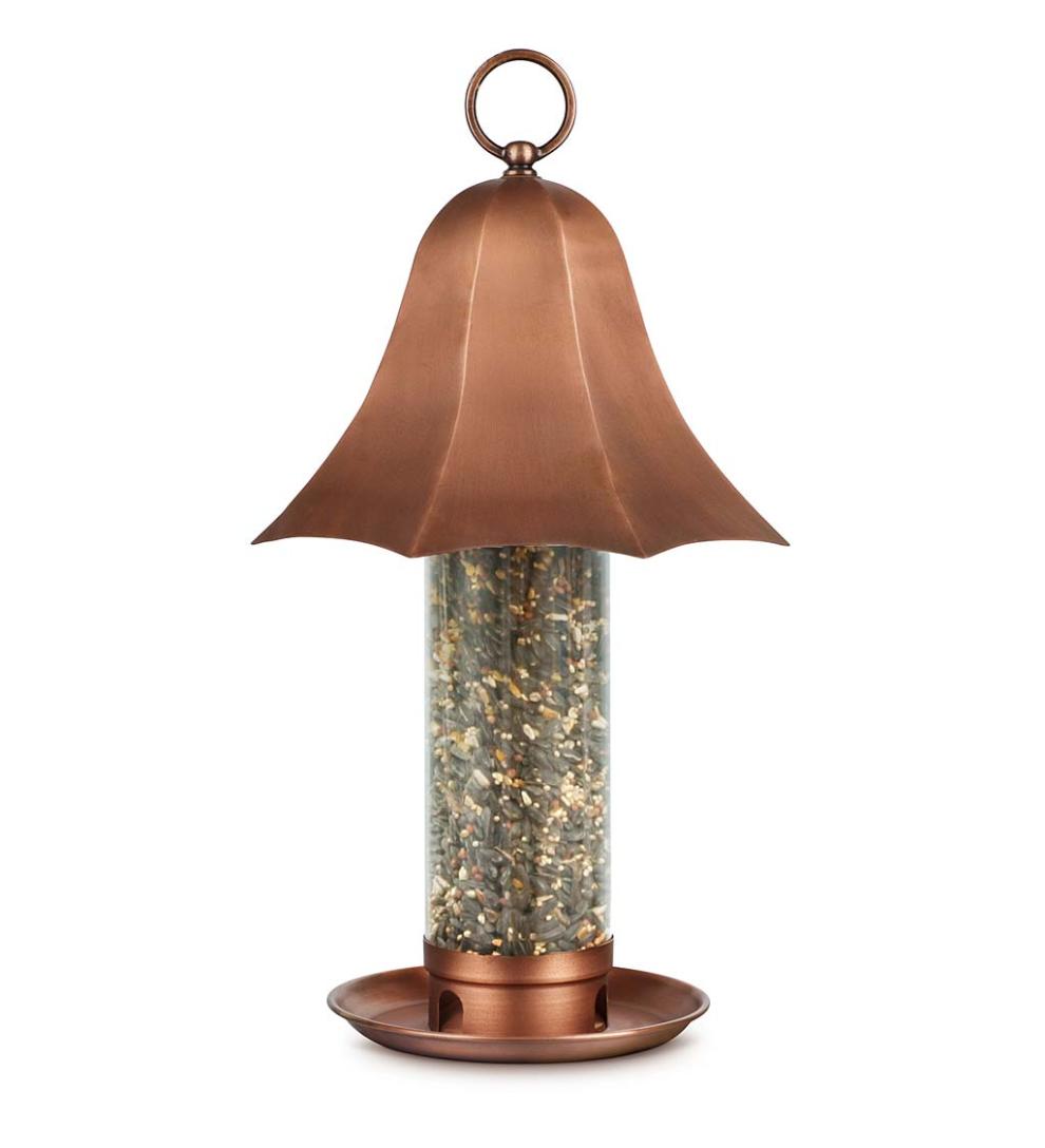 Plow &amp; Hearth Bird Feeders | Yard &amp; Garden Copper-Colored Metal Bell Bird Feeder With Clear Seed Tube