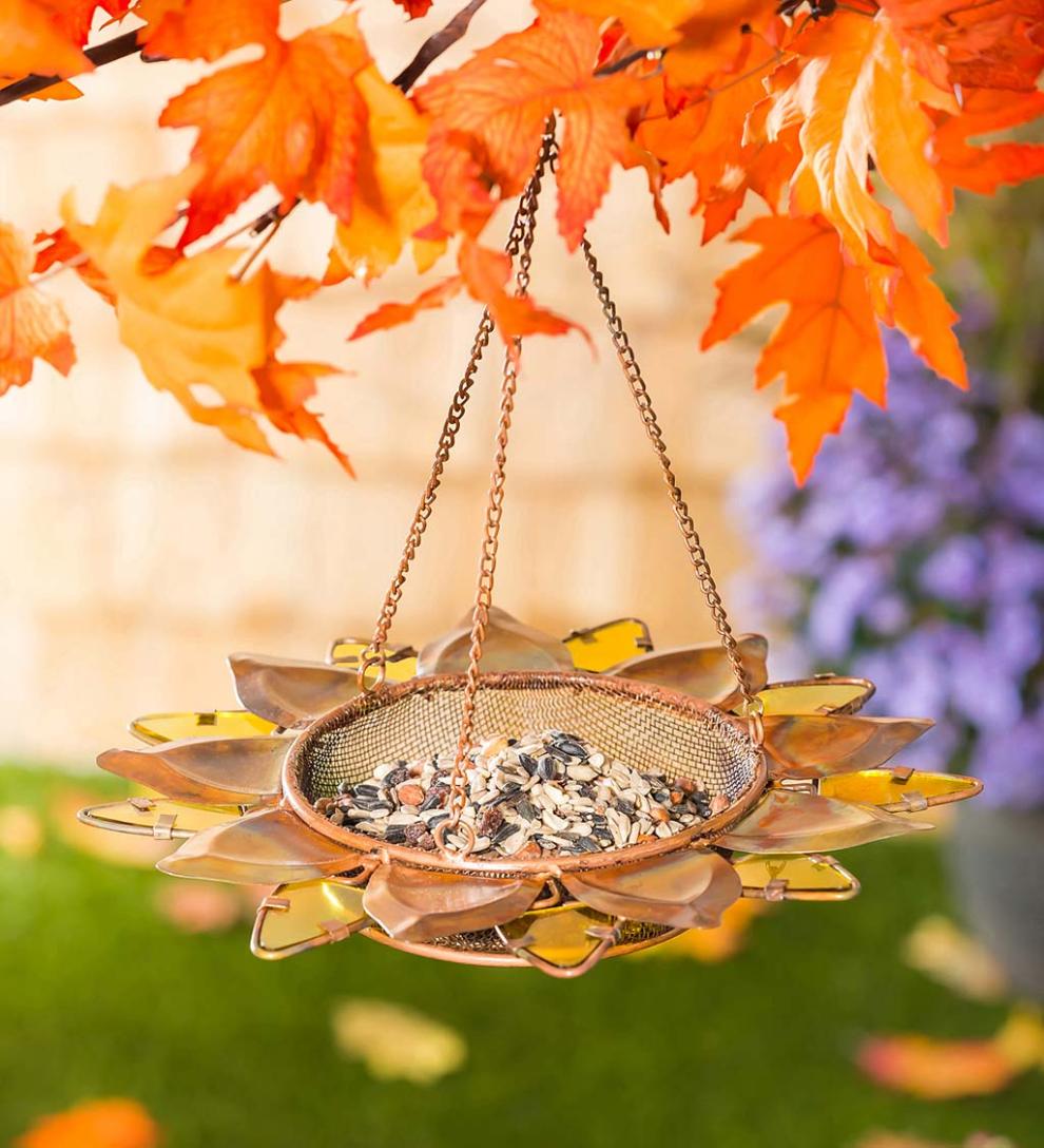 Plow &amp; Hearth Bird Feeders | Yard &amp; Garden Hanging Pieced Glass Sunflower Bird Feeder