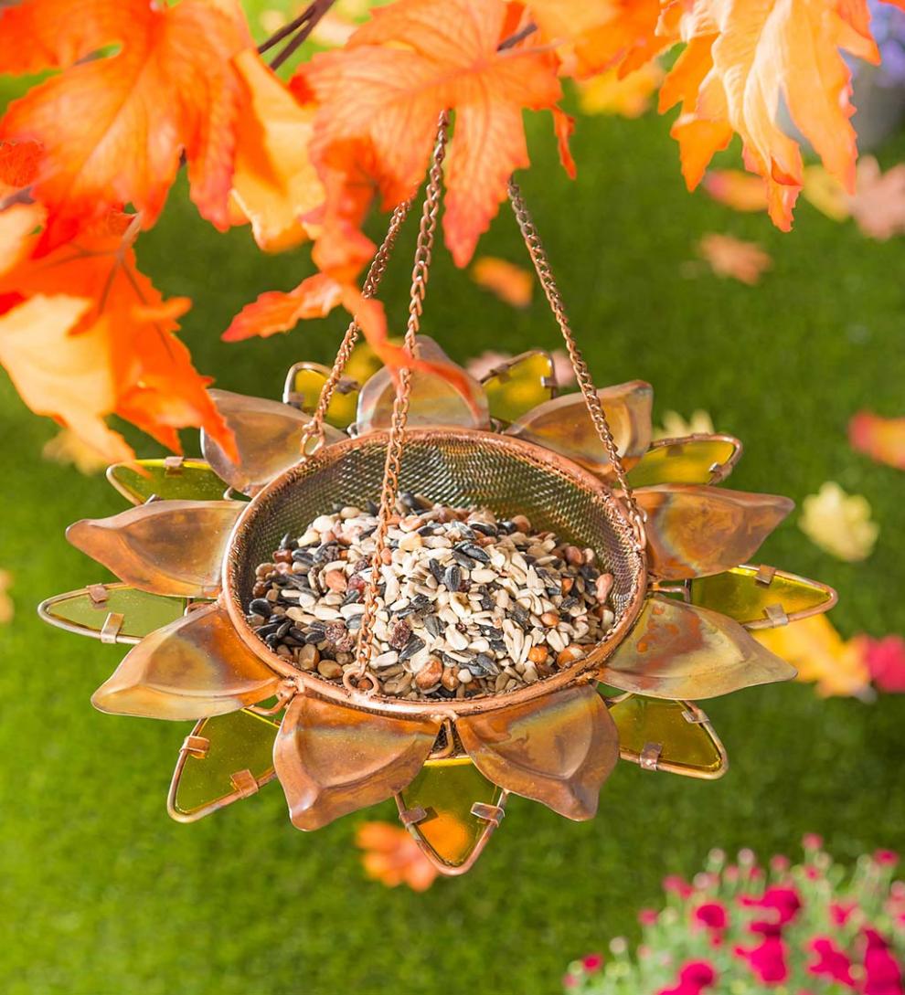 Plow &amp; Hearth Bird Feeders | Yard &amp; Garden Hanging Pieced Glass Sunflower Bird Feeder