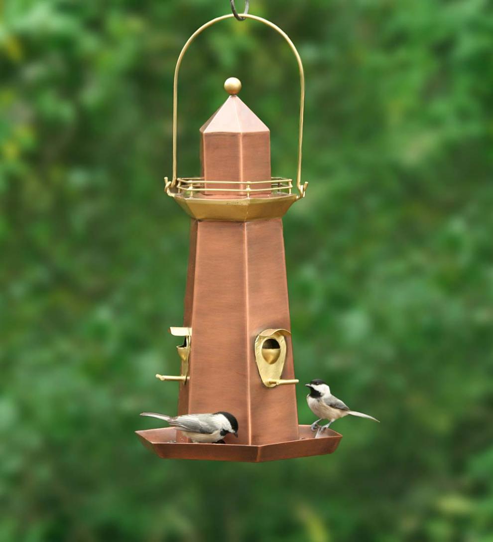 Plow &amp; Hearth Bird Feeders | Yard &amp; Garden Metal Lighthouse Bird Feeder With Copper And Brass Finish