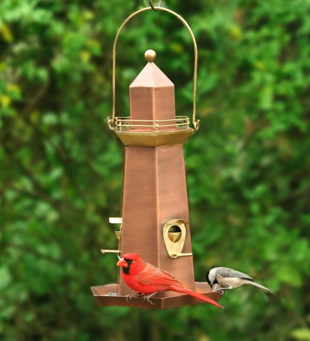 Plow &amp; Hearth Bird Feeders | Yard &amp; Garden Metal Lighthouse Bird Feeder With Copper And Brass Finish