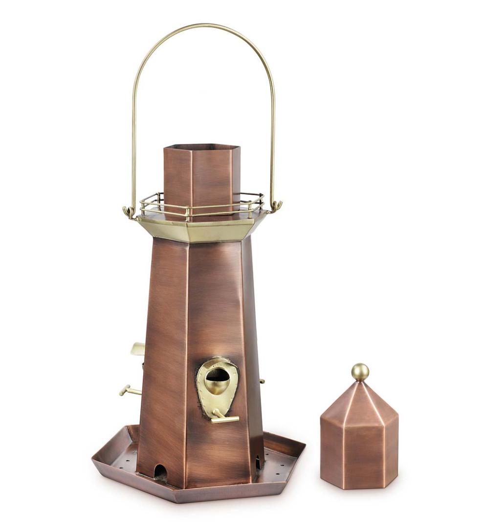 Plow &amp; Hearth Bird Feeders | Yard &amp; Garden Metal Lighthouse Bird Feeder With Copper And Brass Finish