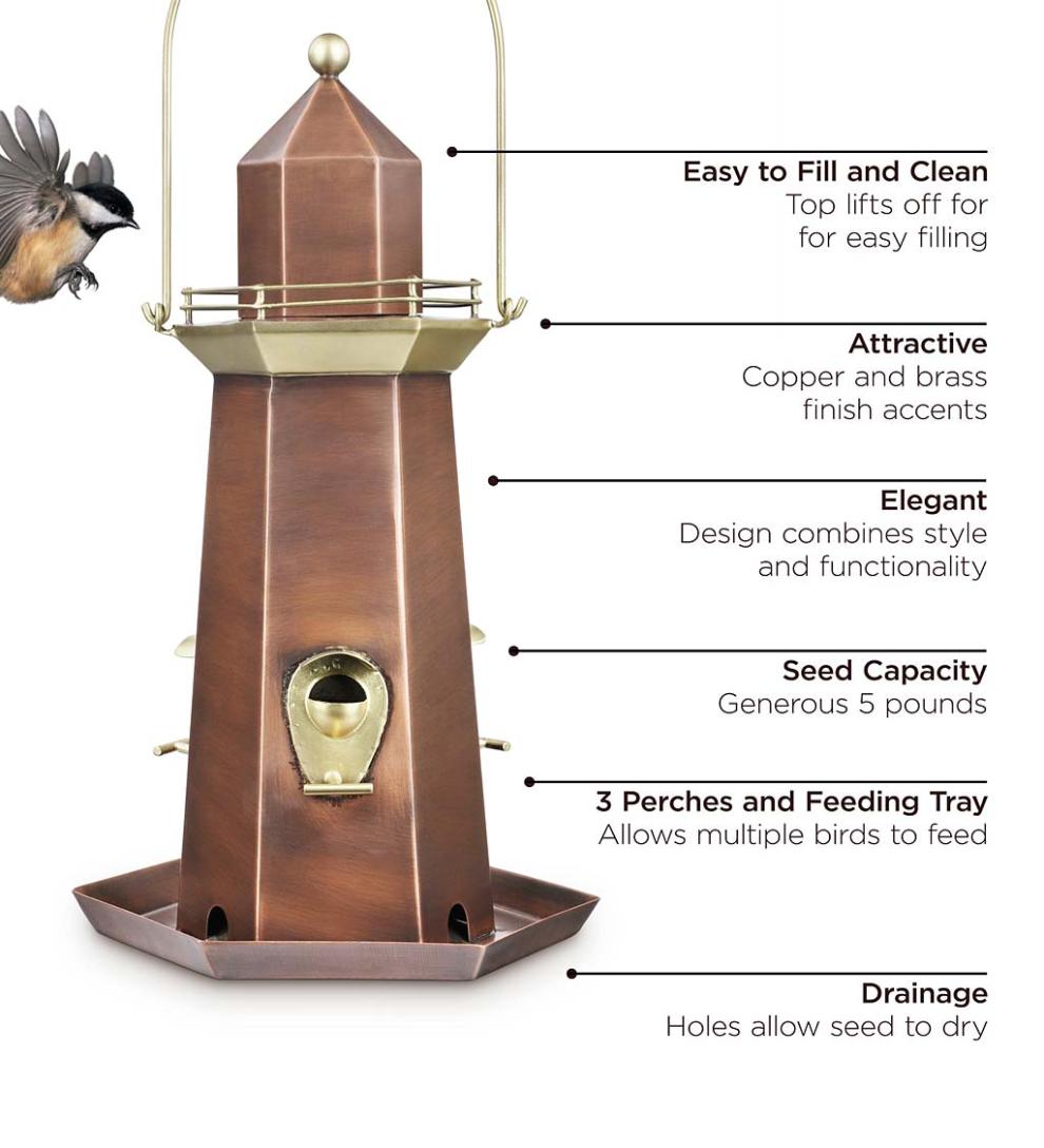 Plow &amp; Hearth Bird Feeders | Yard &amp; Garden Metal Lighthouse Bird Feeder With Copper And Brass Finish