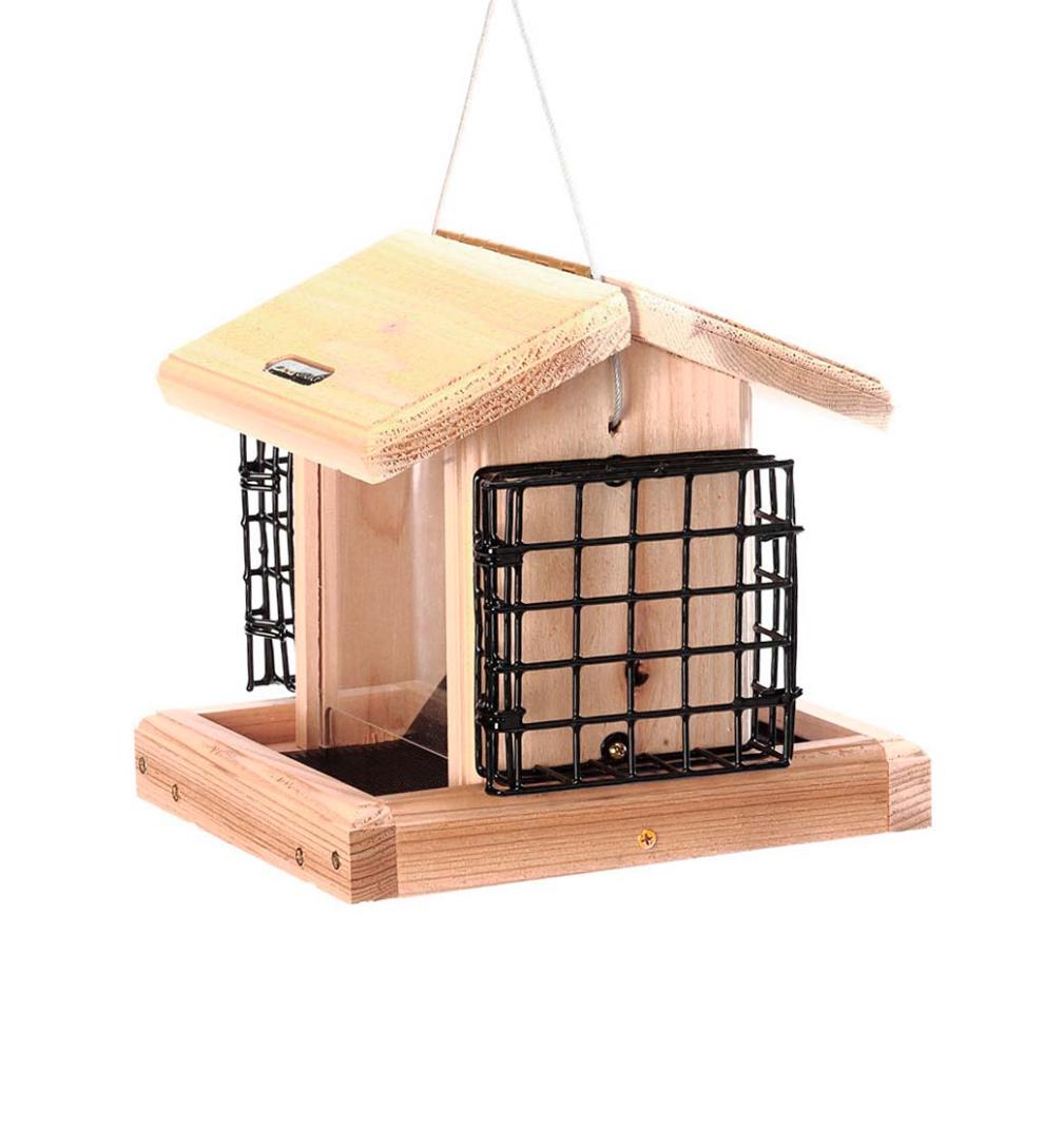 Plow &amp; Hearth Bird Feeders | Yard &amp; Garden Natural Cedar Hopper-Style Hanging Bird Feeder