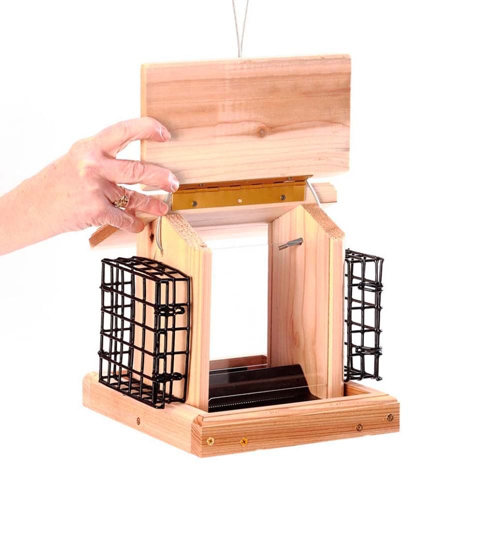 Plow &amp; Hearth Bird Feeders | Yard &amp; Garden Natural Cedar Hopper-Style Hanging Bird Feeder