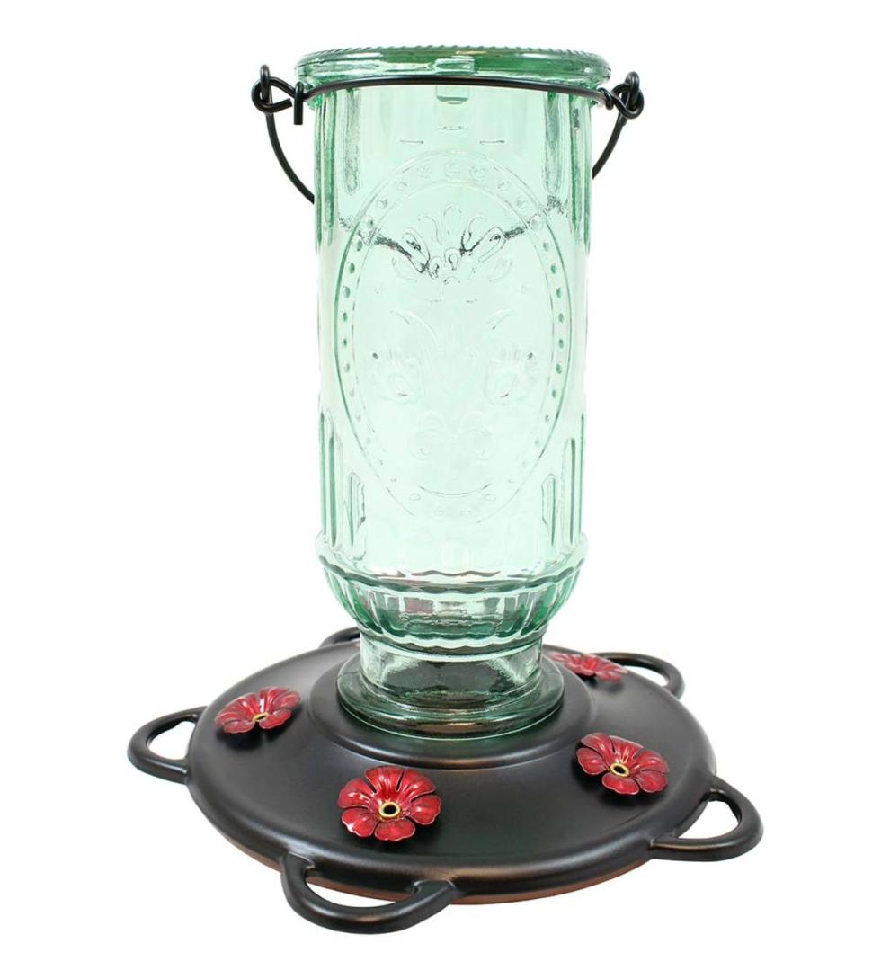 Plow &amp; Hearth Bird Feeders | Yard &amp; Garden Vintage Glass And Metal 20-Ounce Hummingbird Feeder - Green