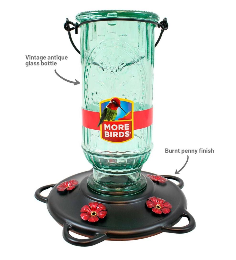 Plow &amp; Hearth Bird Feeders | Yard &amp; Garden Vintage Glass And Metal 20-Ounce Hummingbird Feeder - Green