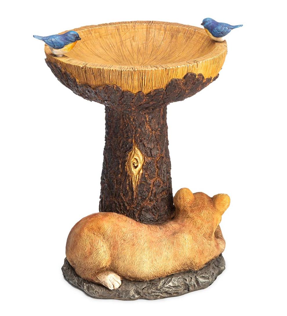 Plow &amp; Hearth Birdbaths | Yard &amp; Garden Forty Winks Tree Stump Birdbath With Cat And Bluebirds