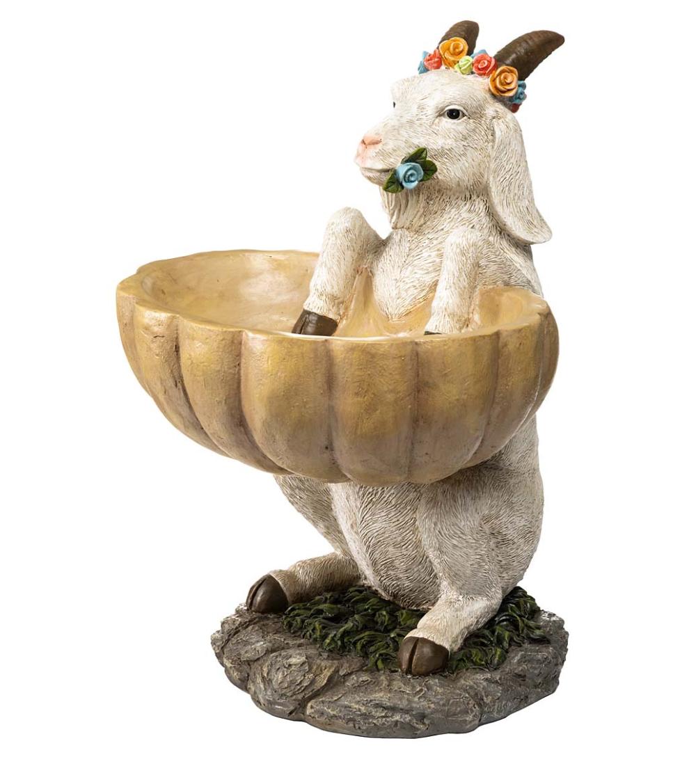 Plow &amp; Hearth Birdbaths | Yard &amp; Garden Goat With Floral Crown Carved Birdbath