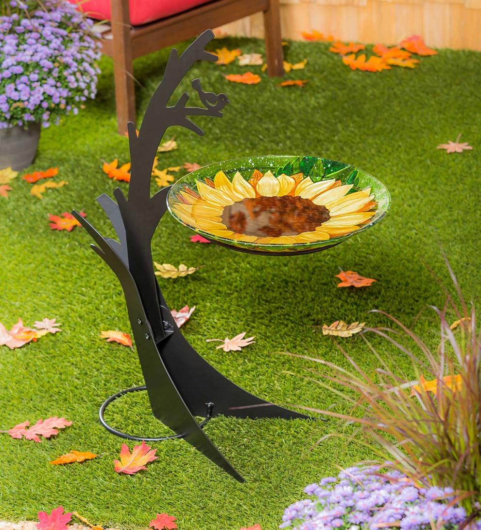Plow &amp; Hearth Birdbaths | Yard &amp; Garden Hand-Painted Fall Sunflower Embossed Glass Bird Bath