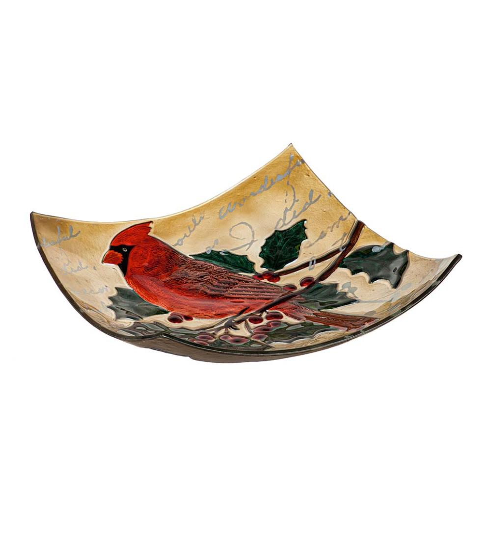 Plow &amp; Hearth Birdbaths | Yard &amp; Garden Hand-Painted Holiday Cardinal Embossed Square Glass Bird Bath