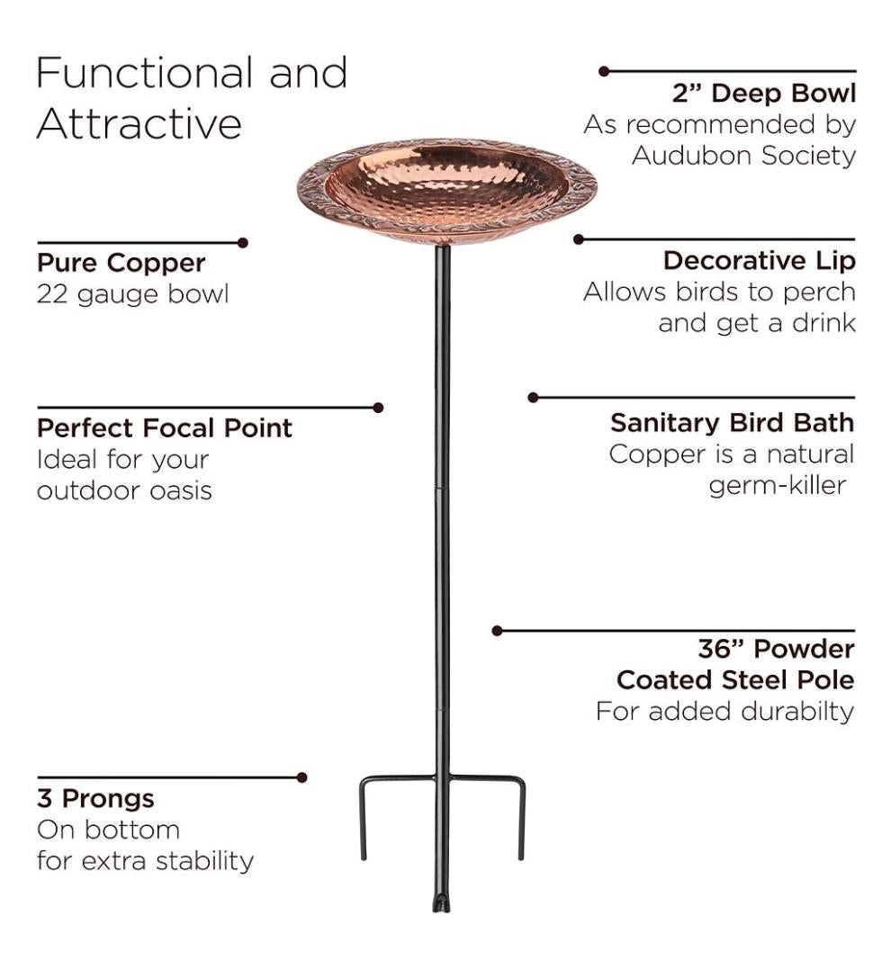Plow &amp; Hearth Birdbaths | Yard &amp; Garden Pure Copper Birdbath On Powder-Coated Steel Pole With Sturdy Three-Prong Stake