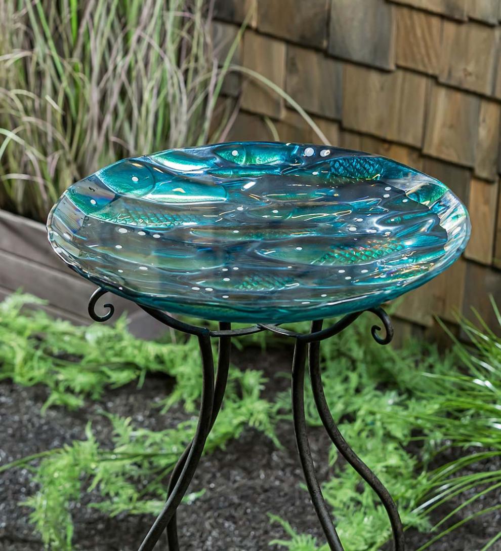 Plow &amp; Hearth Birdbaths | Yard &amp; Garden Shimmering School Of Fish Glass Birdbath Basin