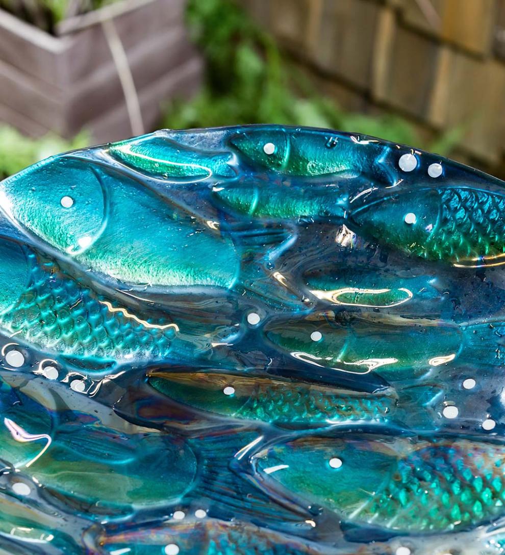 Plow &amp; Hearth Birdbaths | Yard &amp; Garden Shimmering School Of Fish Glass Birdbath Basin