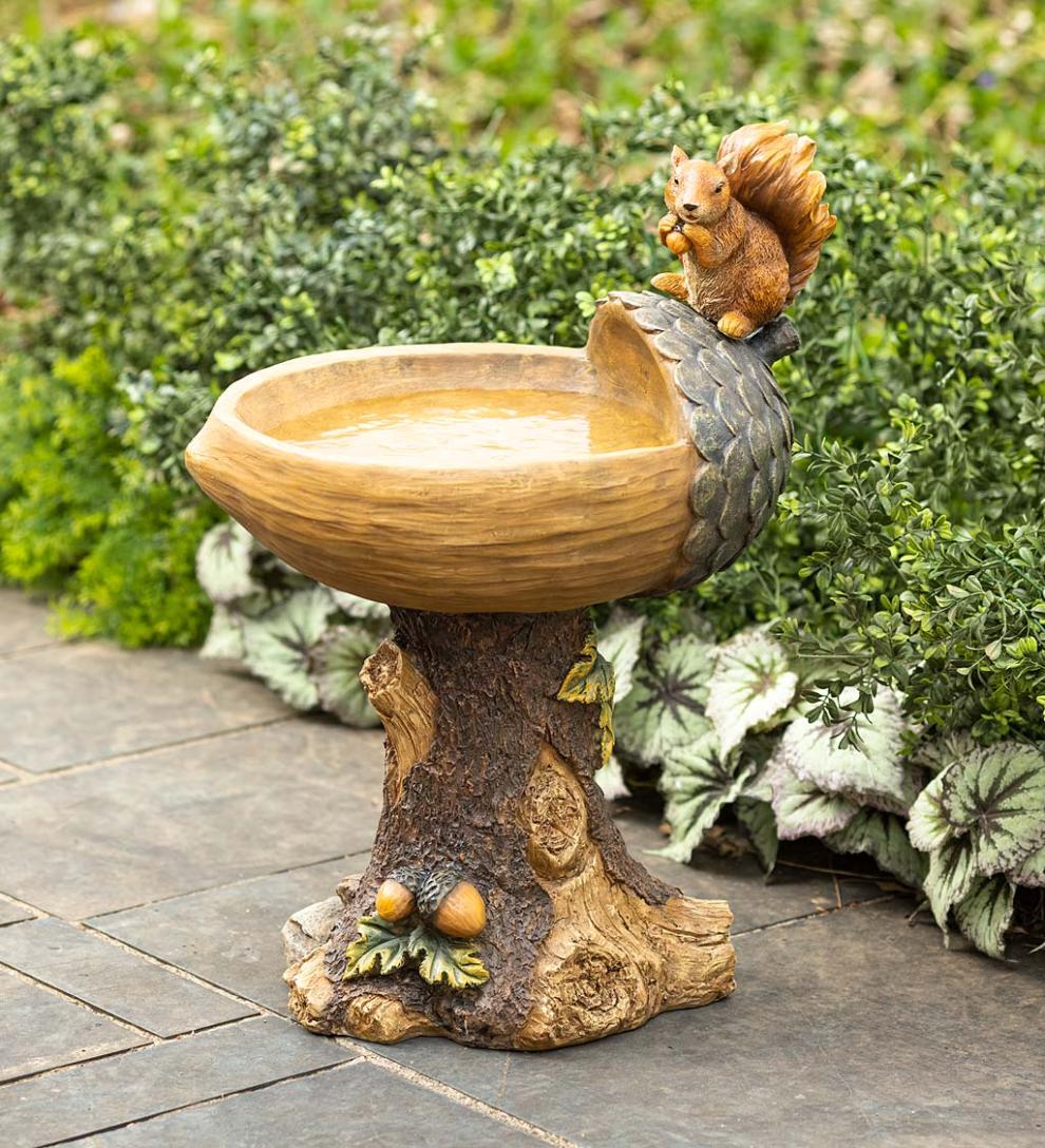 Plow &amp; Hearth Birdbaths | Yard &amp; Garden Squirrel Birdbath With Tree Trunk Base And Acorn Basin