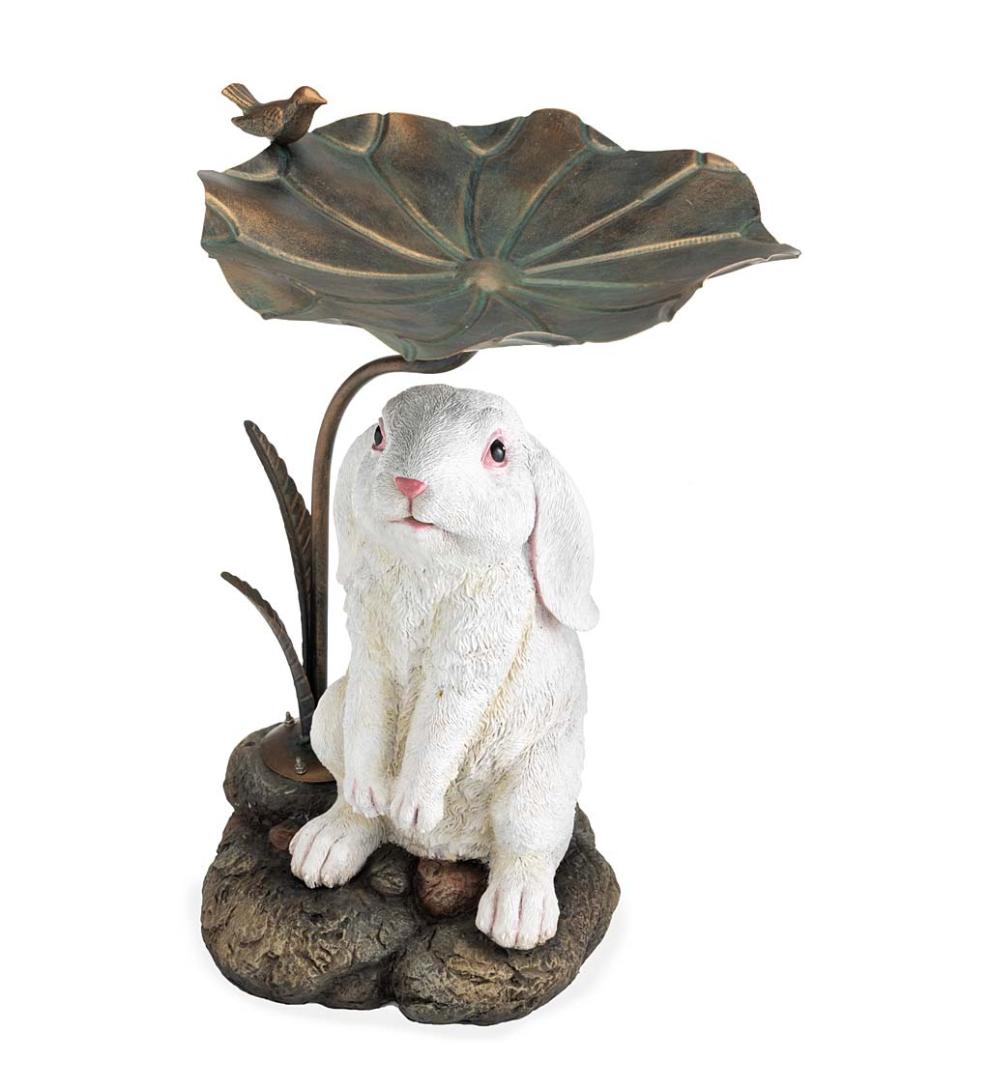 Plow &amp; Hearth Birdbaths | Yard &amp; Garden Stone-Look Bunny Birdbath With Metal Leaf Basin