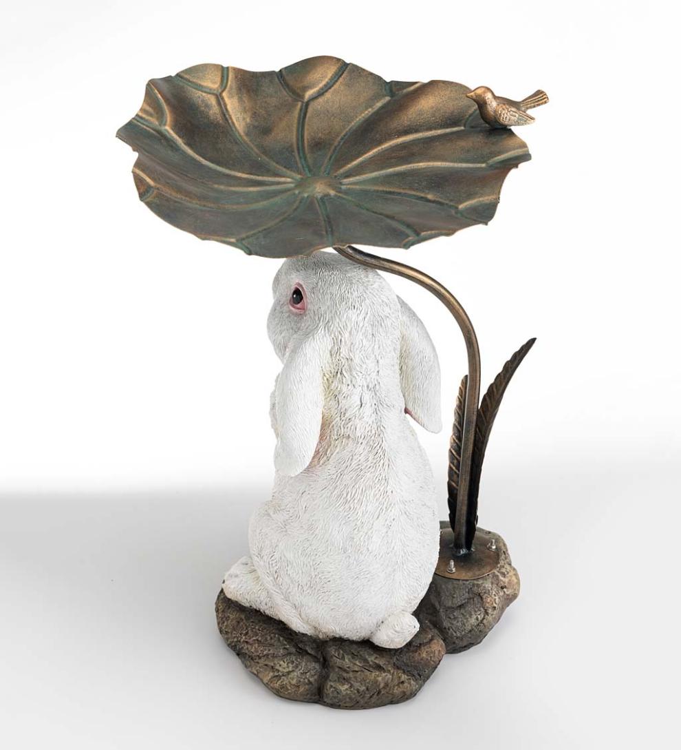 Plow &amp; Hearth Birdbaths | Yard &amp; Garden Stone-Look Bunny Birdbath With Metal Leaf Basin