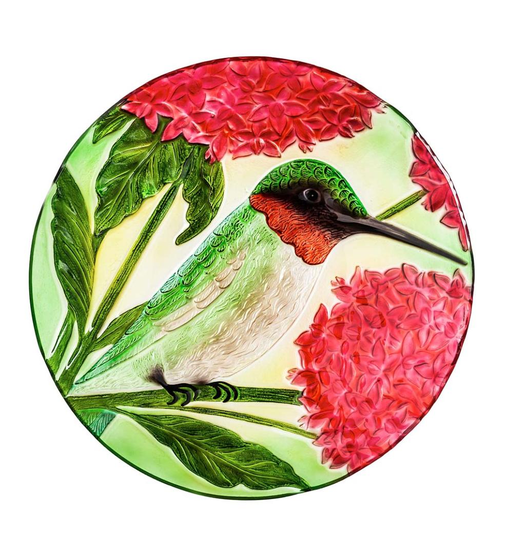 Plow &amp; Hearth Birdbaths | Yard &amp; Garden Textured Glass Hummingbirds And Red Hydrangea Birdbath Basin