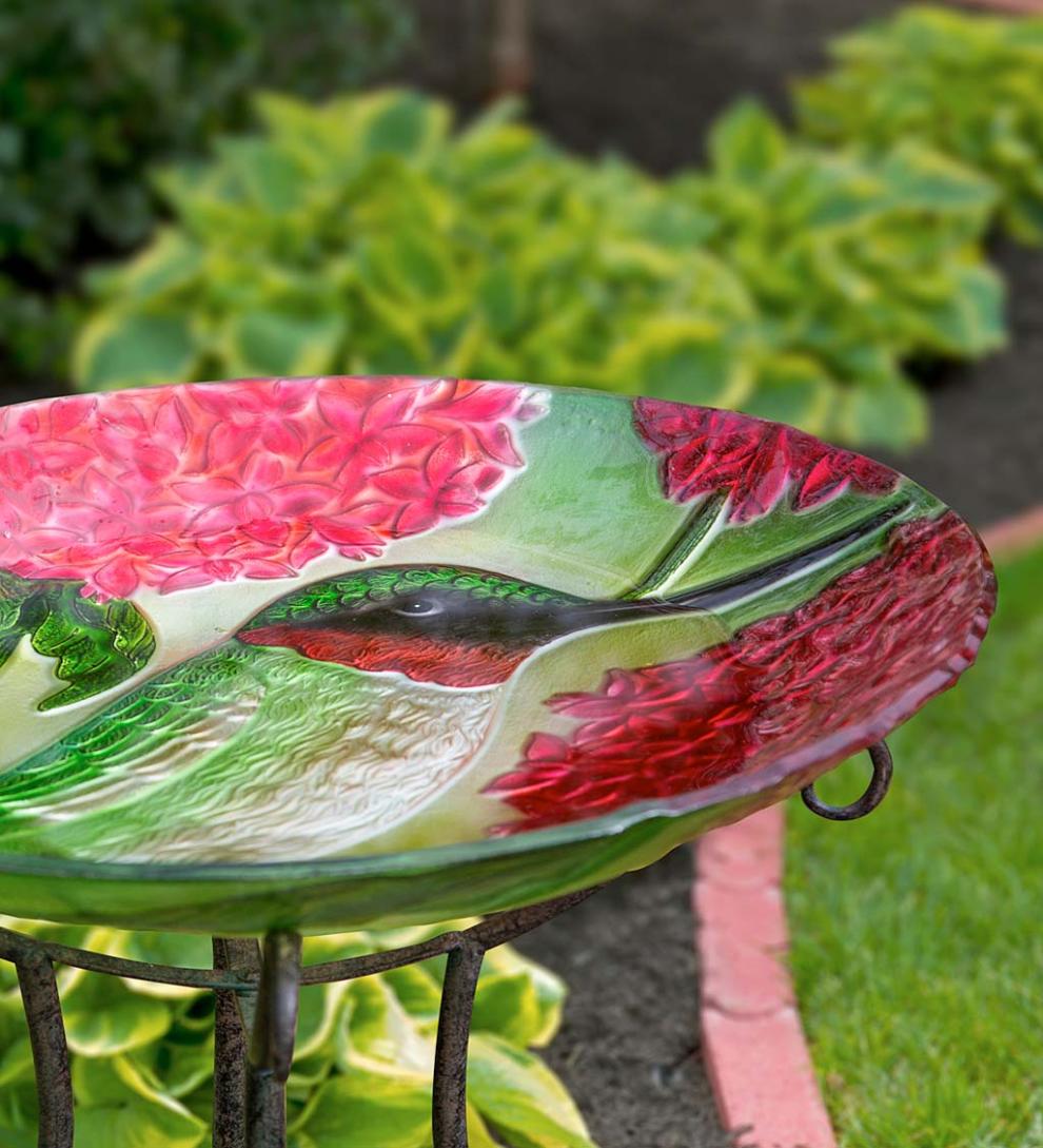 Plow &amp; Hearth Birdbaths | Yard &amp; Garden Textured Glass Hummingbirds And Red Hydrangea Birdbath Basin