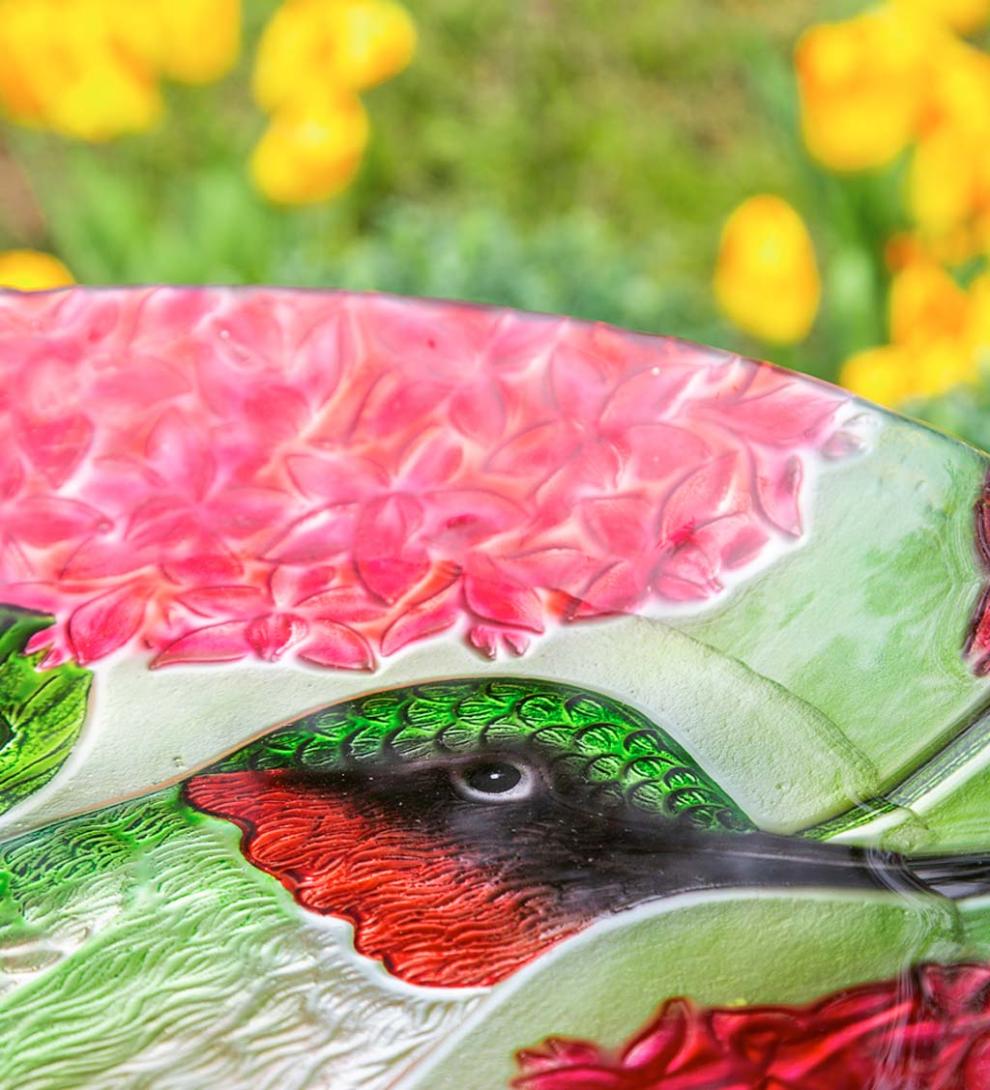 Plow &amp; Hearth Birdbaths | Yard &amp; Garden Textured Glass Hummingbirds And Red Hydrangea Birdbath Basin