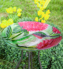 Plow &amp; Hearth Birdbaths | Yard &amp; Garden Textured Glass Hummingbirds And Red Hydrangea Birdbath Basin