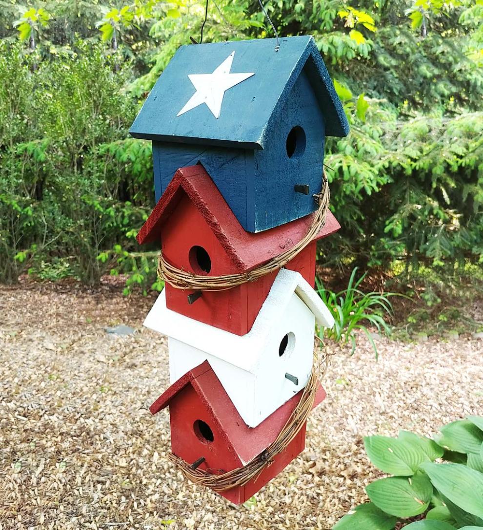 Plow &amp; Hearth Birdhouses | Yard &amp; Garden Americana Patriotic Four-Story Hanging Wood Birdhouse
